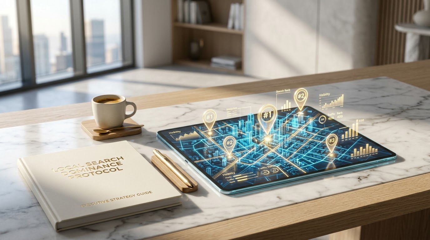Local Search Dominance Protocol executive dossier and tablet displaying local Google Maps 3-Pack rank automation and business growth analytics by Dotcombaron