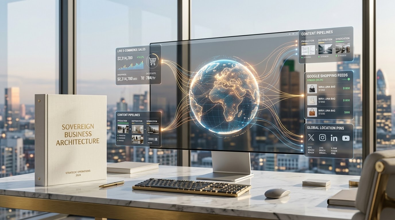 Sovereign Business Architecture executive dossier and global command monitor displaying automated e-commerce infrastructure, Google Merchant feeds, and omnipresence content syndication by Dotcombaron