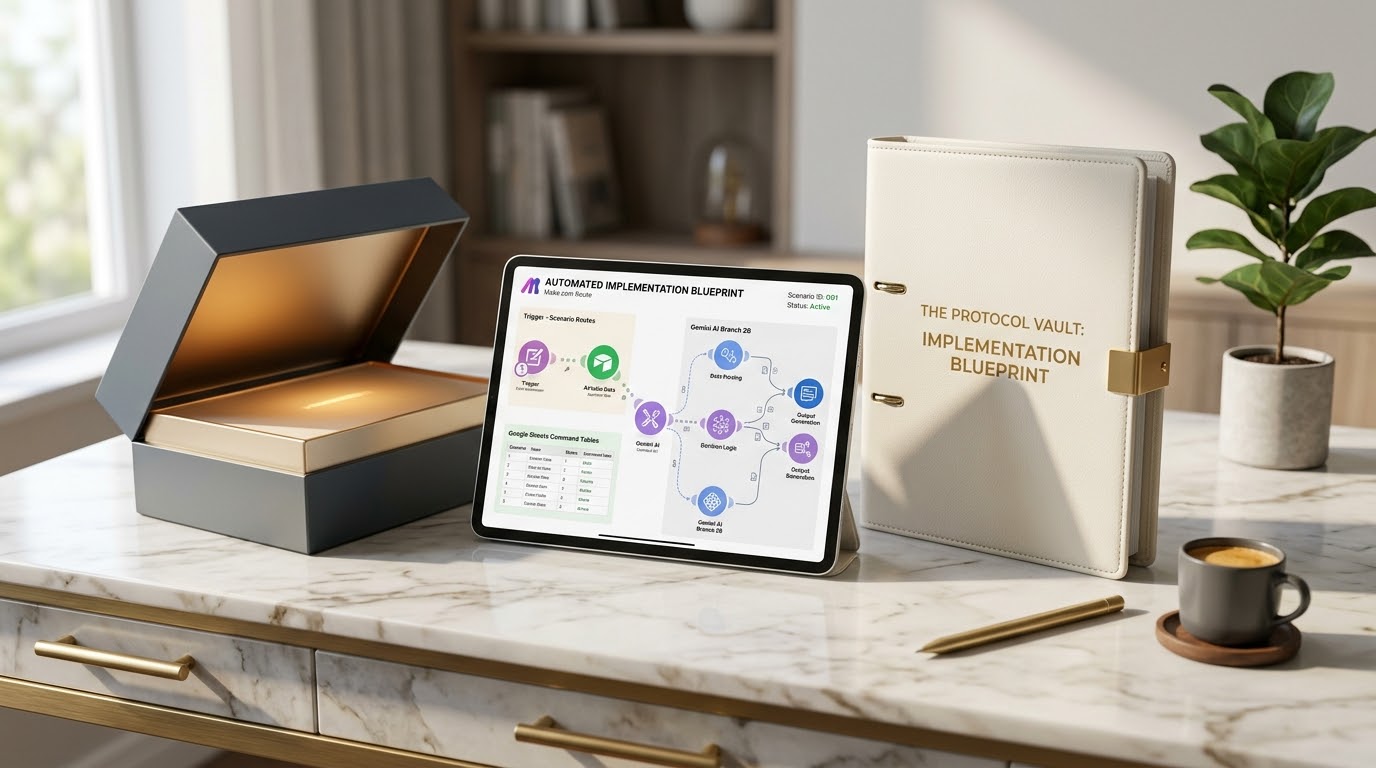 The Protocol Vault Implementation Package executive dossier and tablet displaying Make.com automation routes, Gemini AI workflows, and mobile command architecture by Dotcombaron